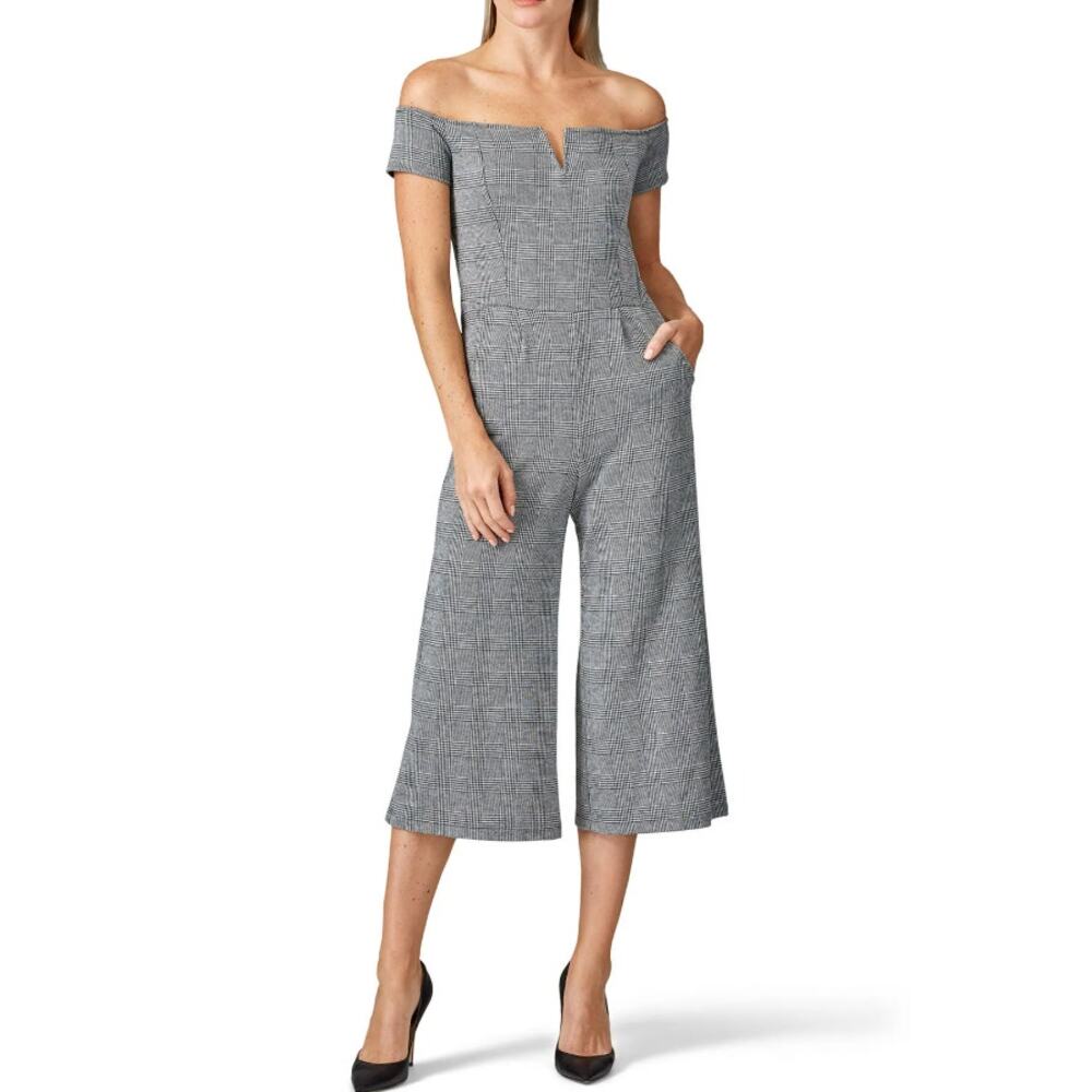 SLATE & WILLOW Plaid Off The Shoulder Jumpsuit Size XL Black/White Cropped